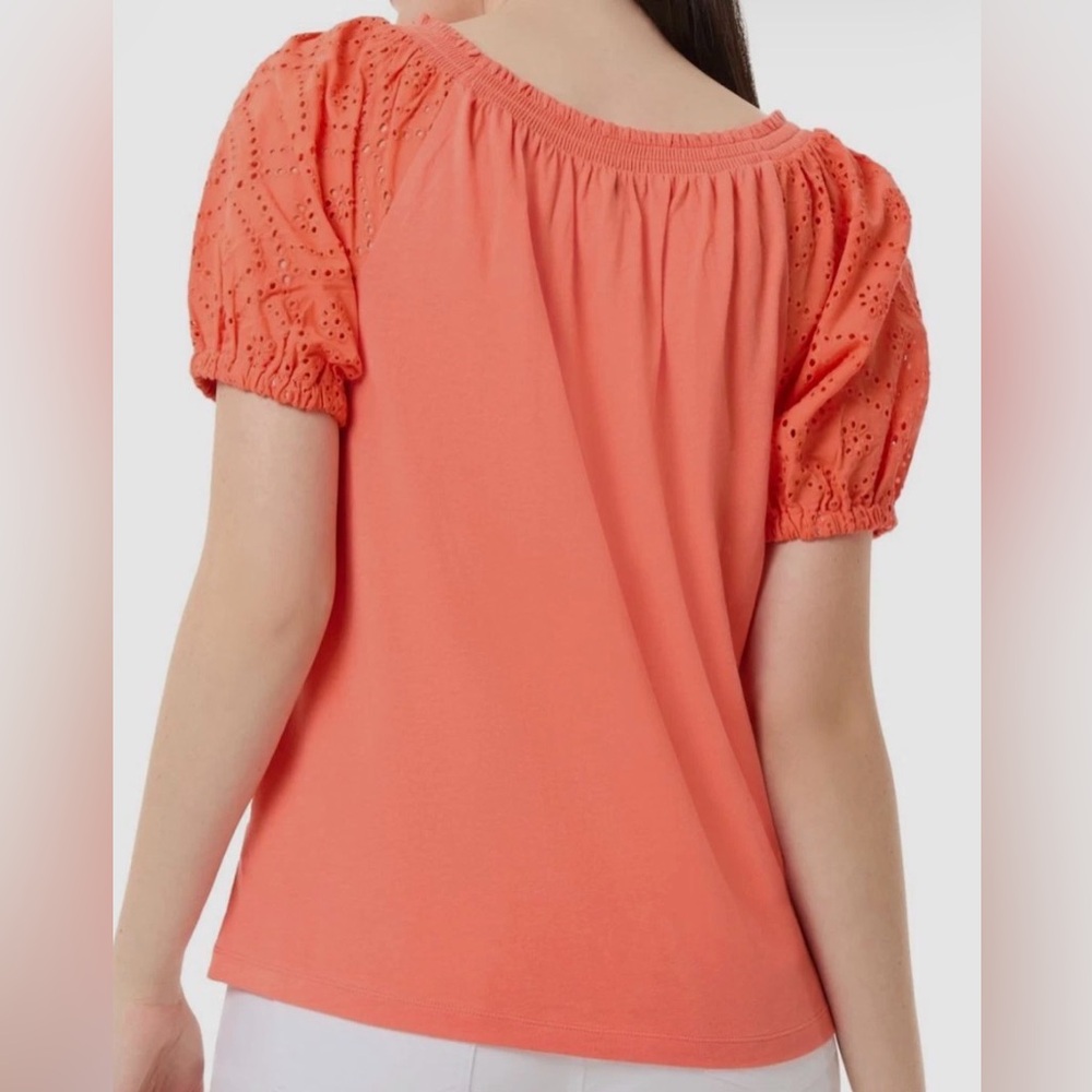 Jones New York Woman’s Petite Medium Short puff Sleeve Coral Orange Top. NWT - Picture 3 of 8